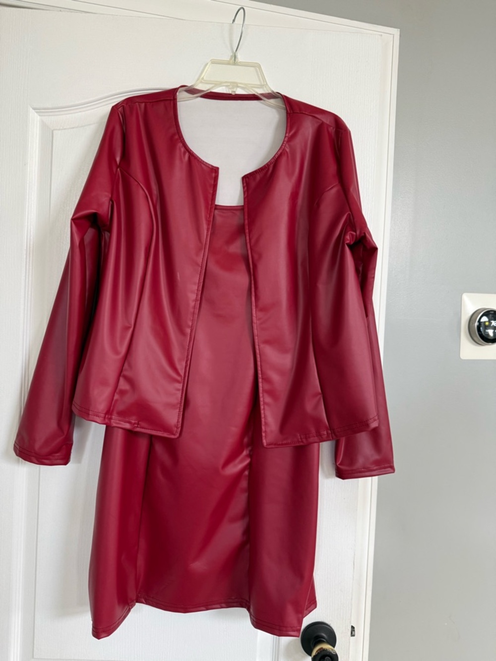 Women's Red Faux Leather Jacket and Dress Set